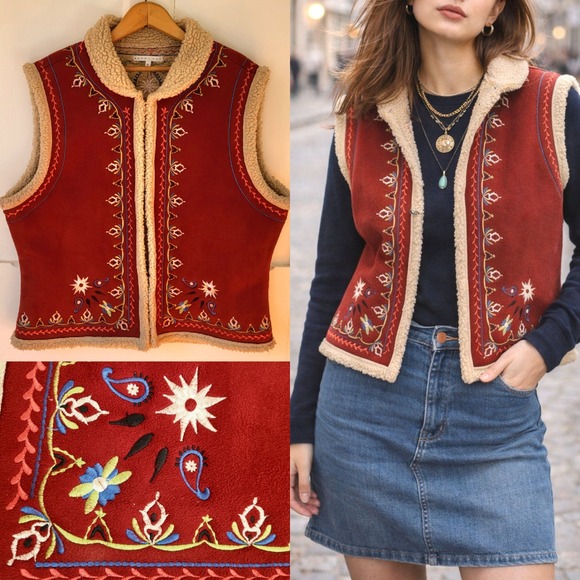 Smart Set Jackets & Blazers - Vintage Red Embroidered Sherpa Vest Boho HIppie Size XL